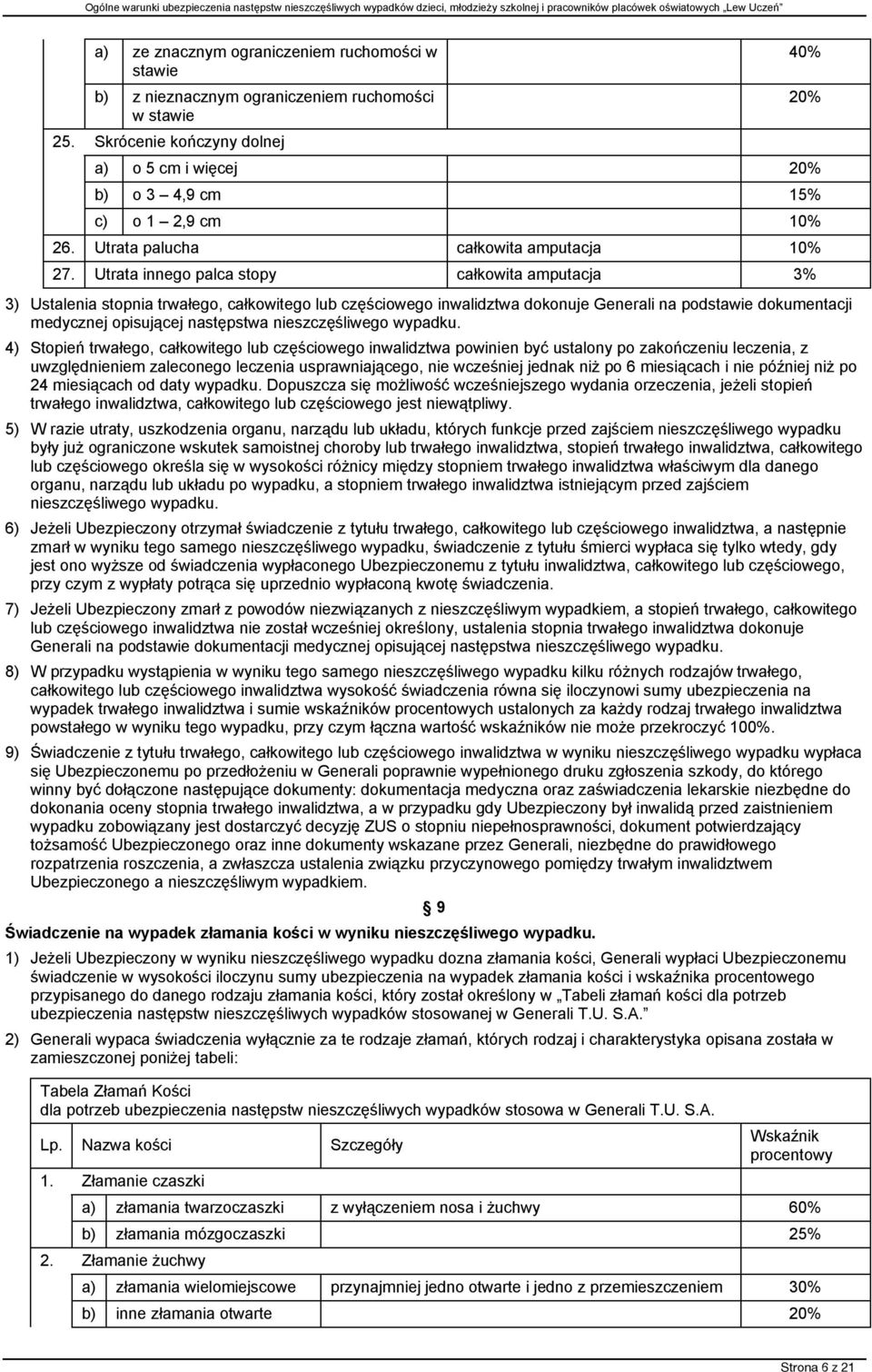 Utrata innego palca stopy całkowita amputacja 3% 3) Ustalenia stopnia trwałego, całkowitego lub częściowego inwalidztwa dokonuje Generali na podstawie dokumentacji medycznej opisującej następstwa