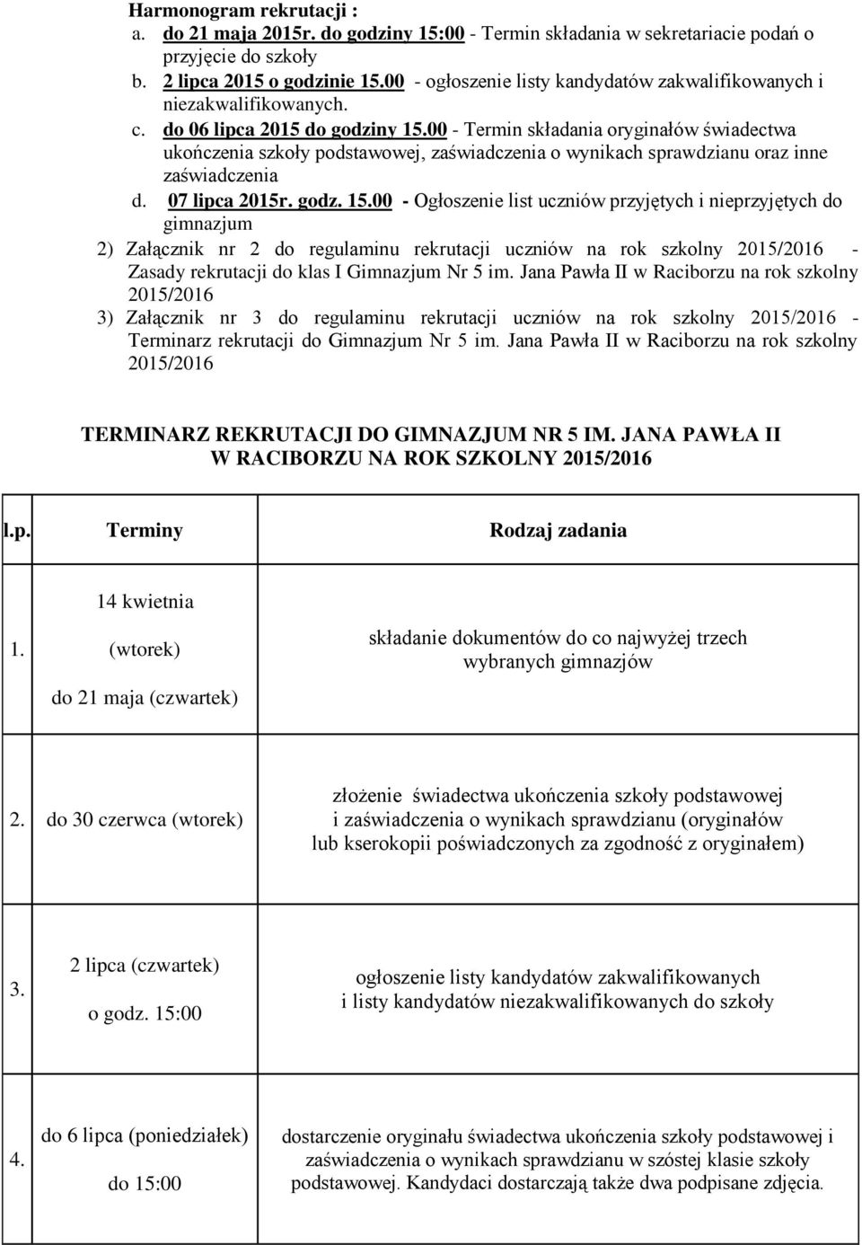 00 - Termin składania oryginałów świadectwa ukończenia szkoły podstawowej, zaświadczenia o wynikach sprawdzianu oraz inne zaświadczenia d. 07 lipca 2015r. godz. 15.