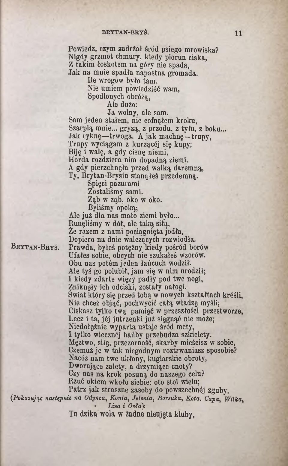 A jak machnę trupy, Trupy wyciągam z kurzą cój się kupy; Biję i walę, a gdy cisnę niemi, Horda rozdziera nim dopadną ziemi. A gdy pierzchnęła przed walką daremną, Ty, Brytan-Brysiu stanąłeś przedemną.