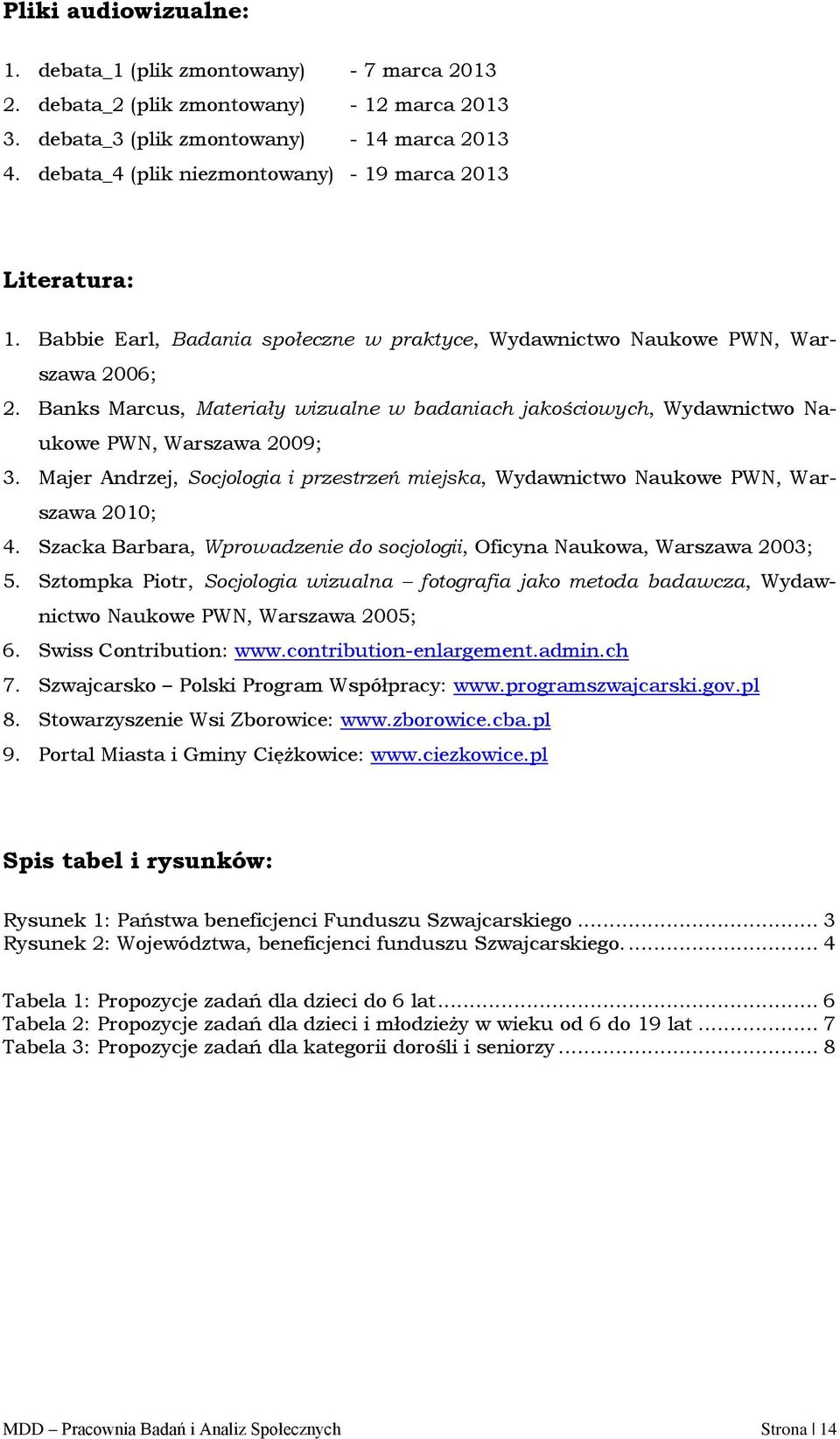 Banks Marcus, Materiały wizualne w badaniach jakościowych, Wydawnictwo Naukowe PWN, Warszawa 2009; 3. Majer Andrzej, Socjologia i przestrzeń miejska, Wydawnictwo Naukowe PWN, Warszawa 2010; 4.