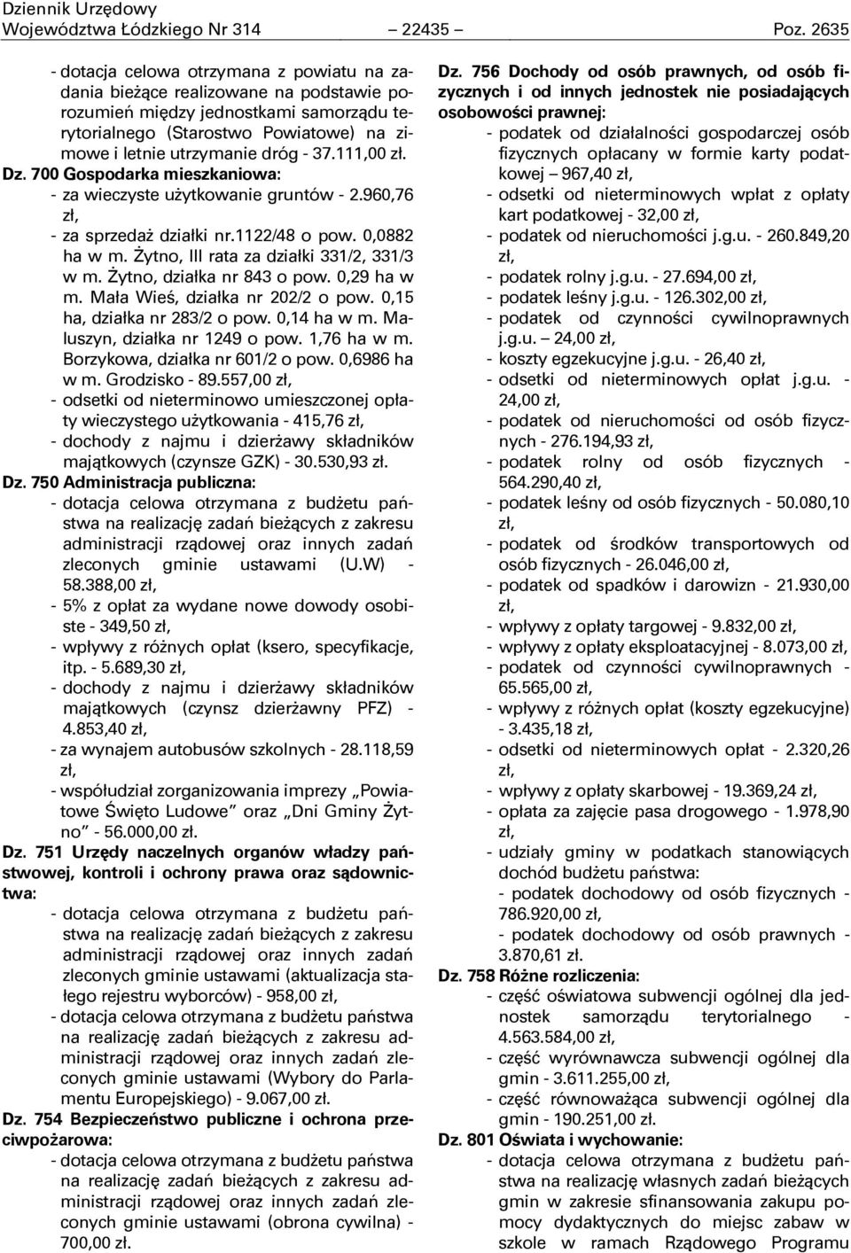 37.111,00 zł. Dz. 700 Gospodarka mieszkaniowa: - za wieczyste uŋytkowanie gruntów - 2.960,76 zł, - za sprzedaŋ działki nr.1122/48 o pow. 0,0882 ha w m. ŉytno, III rata za działki 331/2, 331/3 w m.