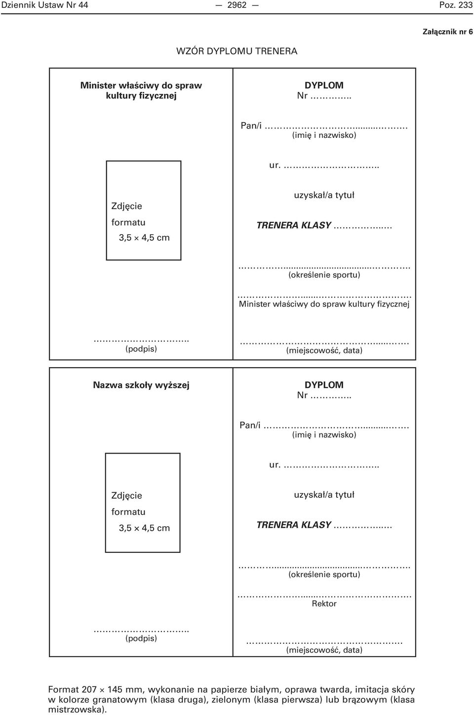 TRENERA KLASY...... Minister właściwy do spraw kultury fizycznej.... Nazwa szkoły wyższej DYPLOM Pan/i.... ur.