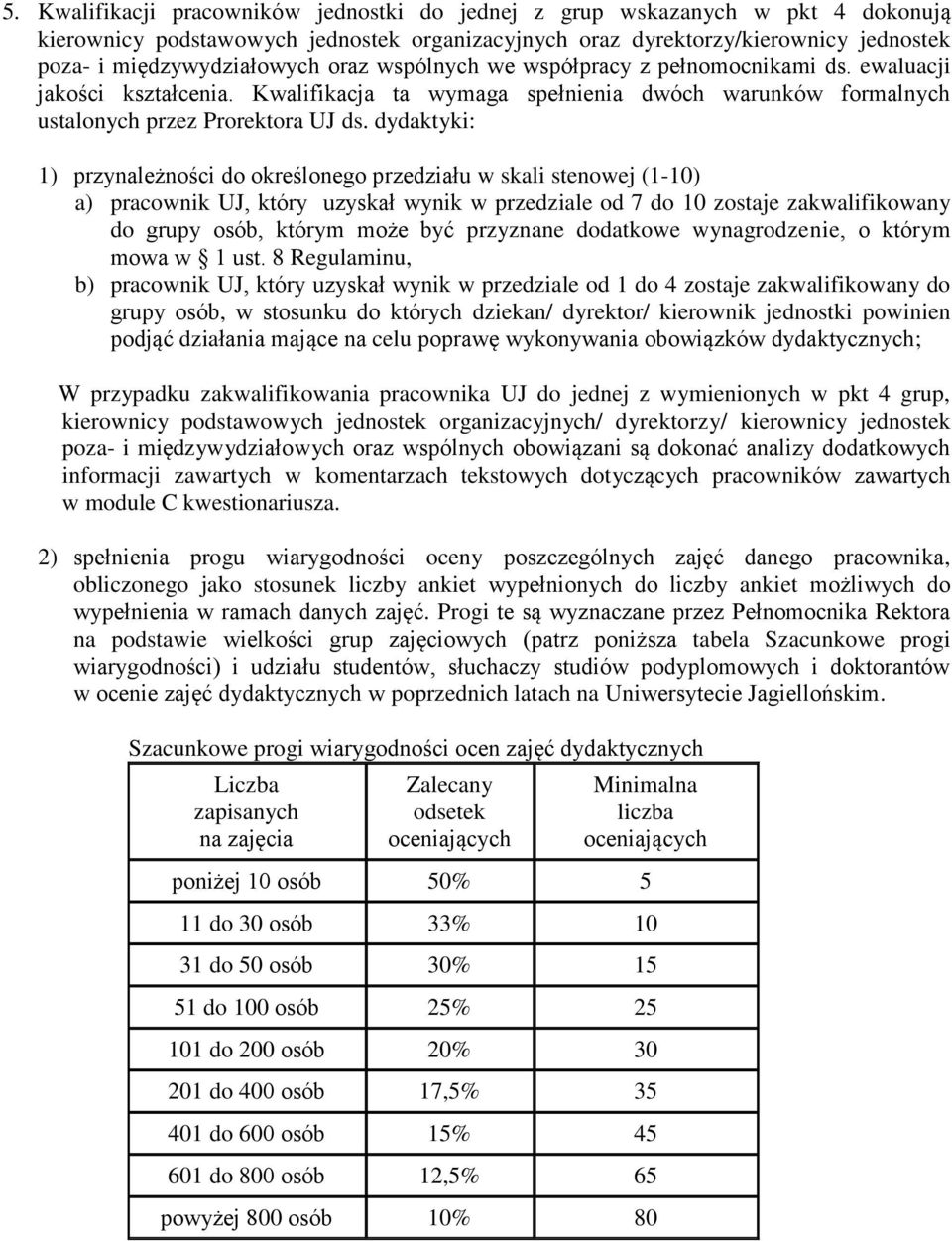 dydaktyki: 1) przynależności do określonego przedziału w skali stenowej (1-10) a) pracownik UJ, który uzyskał wynik w przedziale od 7 do 10 zostaje zakwalifikowany do grupy osób, którym może być