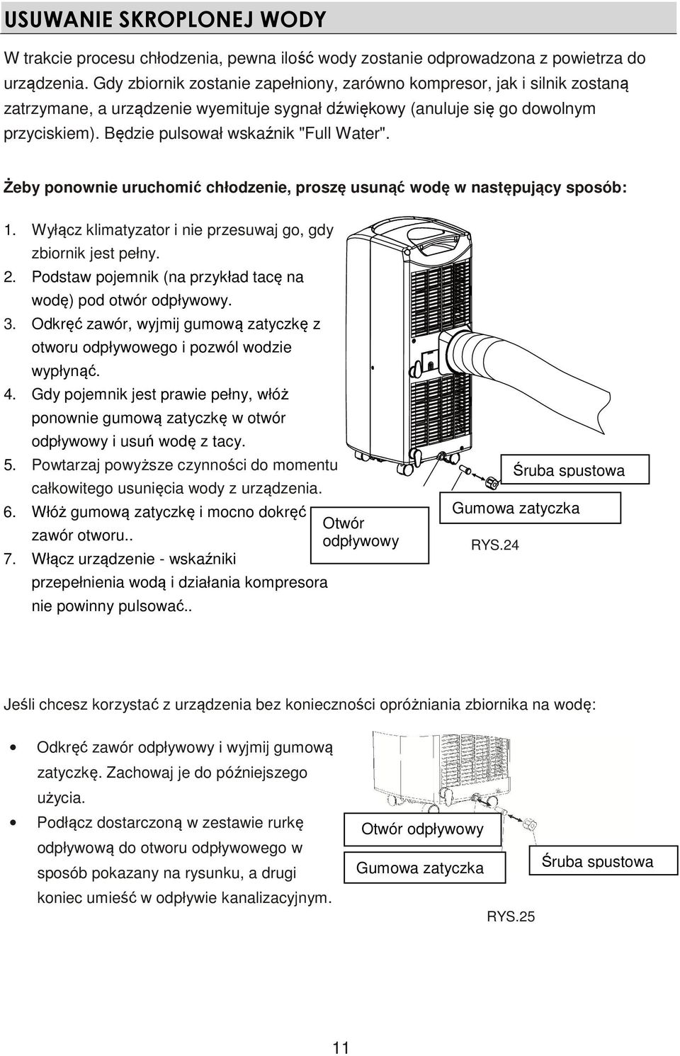 Będzie pulsował wskaźnik "Full Water". Żeby ponownie uruchomić chłodzenie, proszę usunąć wodę w następujący sposób: 1. Wyłącz klimatyzator i nie przesuwaj go, gdy zbiornik jest pełny. 2.