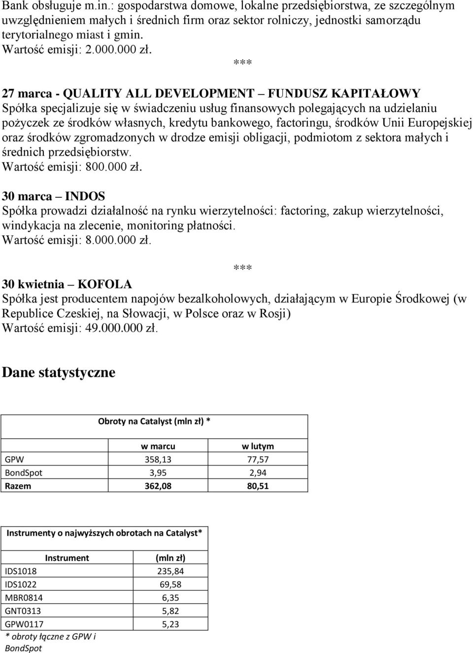 27 marca - QUALITY ALL DEVELOPMENT FUNDUSZ KAPITAŁOWY Spółka specjalizuje się w świadczeniu usług finansowych polegających na udzielaniu pożyczek ze środków własnych, kredytu bankowego, factoringu,