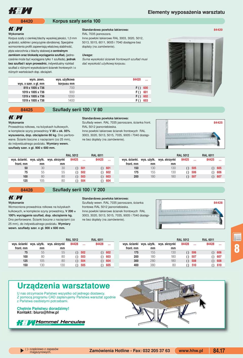 szuflad z różnymi wysokościami ścianek frontowych i o różnych wartościach dop obciążeń RAL 7035 jasnoszara Inne powłoki lakierowe RAL 3003, 3020, 5012, 5013, 5015, 6011, 9005 i 7040 dostępne bez