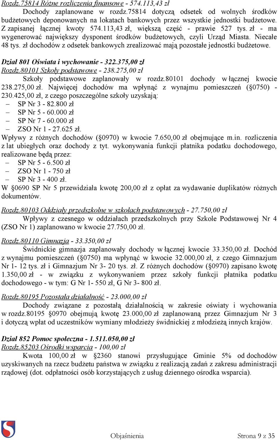 zł - ma wygenerować największy dysponent środków budżetowych, czyli Urząd Miasta. Niecałe 48 tys. zł dochodów z odsetek bankowych zrealizować mają pozostałe jednostki budżetowe.