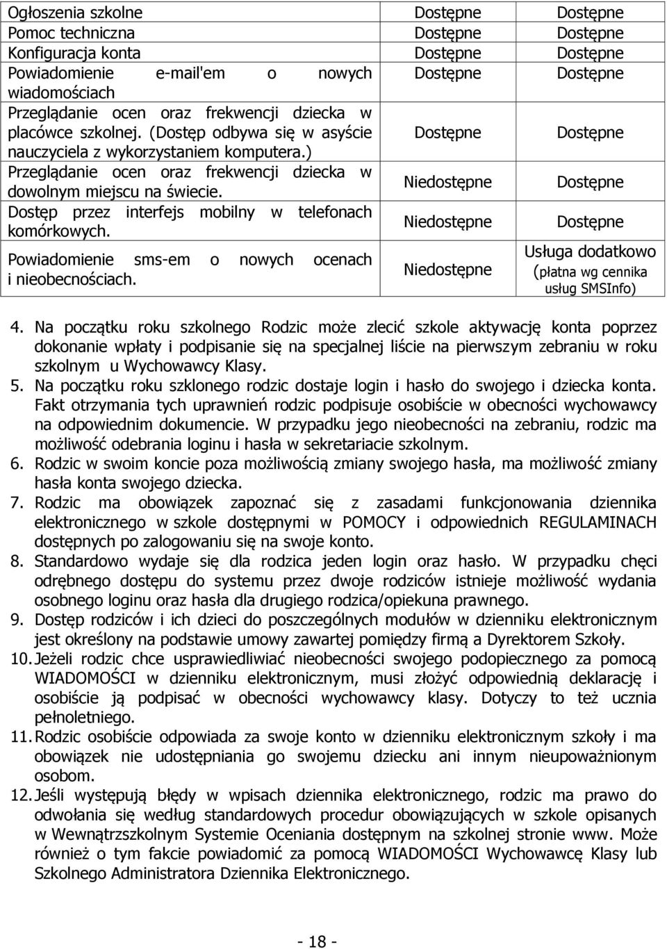 ) Przeglądanie ocen oraz frekwencji dziecka w Niedostępne Dostępne dowolnym miejscu na świecie. Dostęp przez interfejs mobilny w telefonach komórkowych.