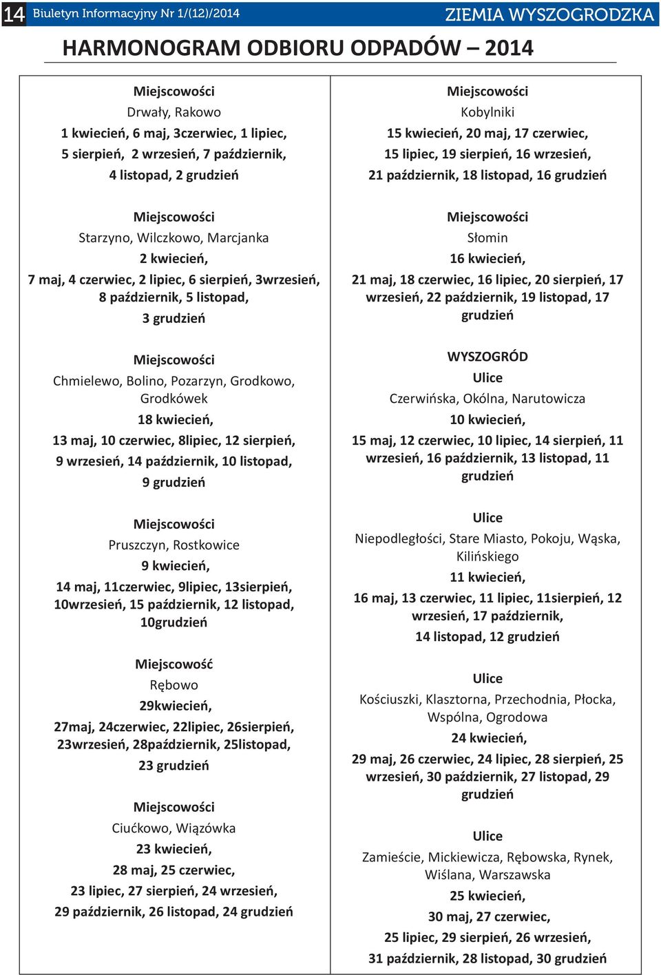 kwiecień, 13 maj, 10 czerwiec, 8lipiec, 12 sierpień, 9 wrzesień, 14 październik, 10 listopad, 9 grudzień Miejscowości Pruszczyn, Rostkowice 9 kwiecień, 14 maj, 11czerwiec, 9lipiec, 13sierpień,