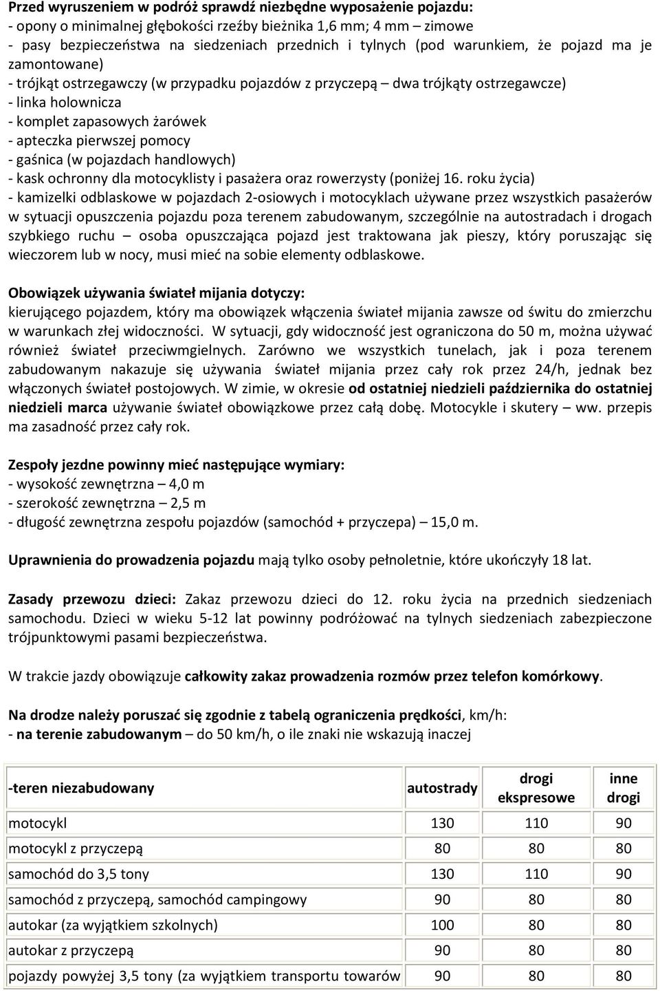 - gaśnica (w pojazdach handlowych) - kask ochronny dla motocyklisty i pasażera oraz rowerzysty (poniżej 16.