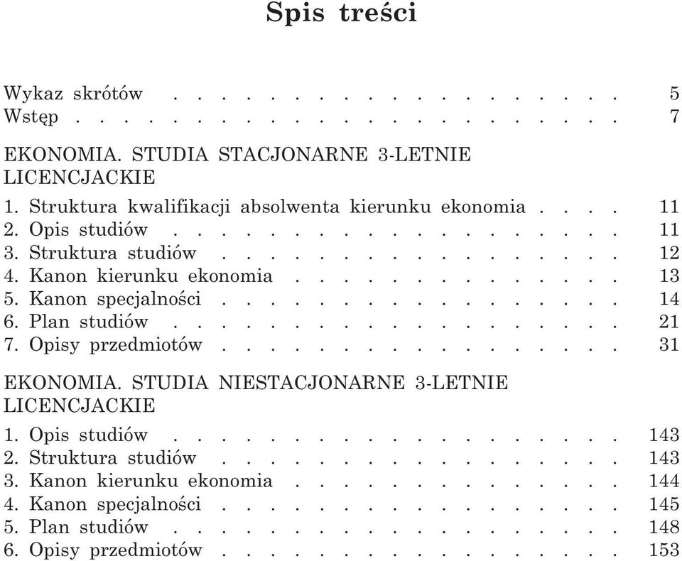 Plan studiów................... 21 7. Opisy przedmiotów................. 31 EKONOMIA. STUDIA NIESTACJONARNE 3-LETNIE LICENCJACKIE 1. Opis studiów................... 143 2.