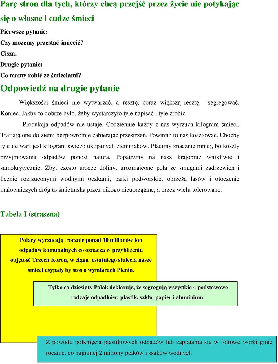 Produkcja odpadów nie ustaje. Codziennie każdy z nas wyrzuca kilogram śmieci. Trafiają one do ziemi bezpowrotnie zabierając przestrzeń. Powinno to nas kosztować.