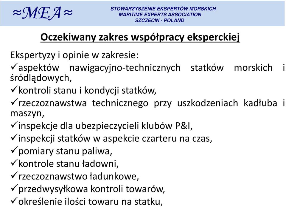 maszyn, inspekcje dla ubezpieczycieli klubów P&I, inspekcji statków w aspekcie czarteru na czas, pomiary stanu