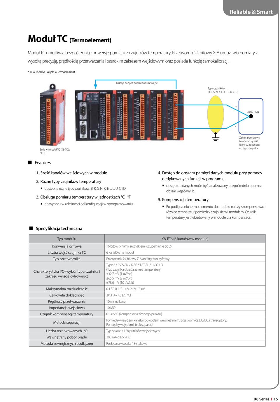 * TC = Thermo Couple = Termoelement Odczyt danych poprzez obszar wejść Typy czujników (B, R, S, N, K, E, J, T,, U, C, D) + JUNCTION - Seria X8 moduł TC (X8-TC6: 6CH) Zakres pomiarowy temperatury jest