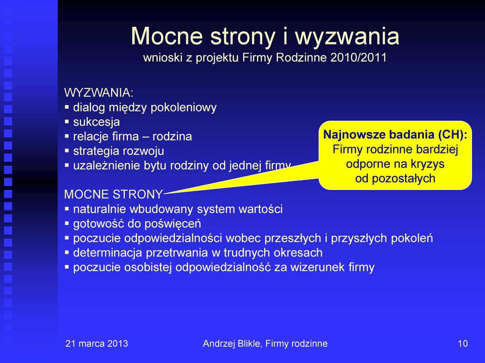 kryzys od pozostałych MOCNE STRONY naturalnie wbudowany system wartości gotowość do poświęceń poczucie odpowiedzialności wobec