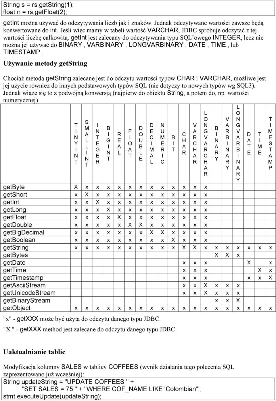 getint jest zalecany do odczytywania typu SQL owego INTEGER, lecz nie można jej używać do BINARY, VARBINARY, LONGVARBINARY, DATE, TIME, lub TIMESTAMP.