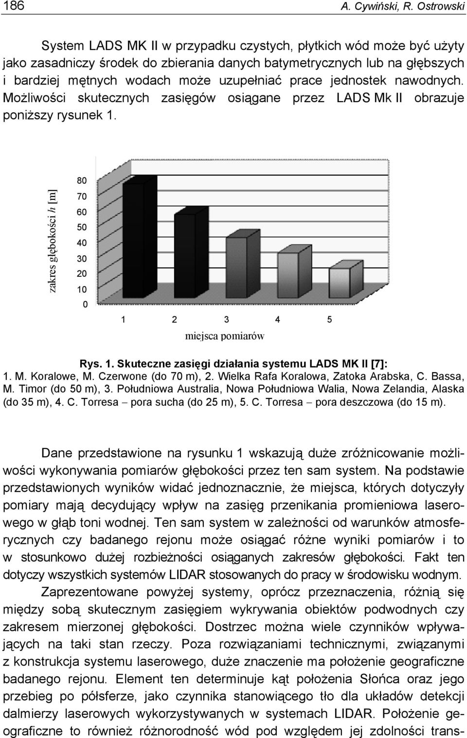 prace jednostek nawodnych. Możliwości skutecznych zasięgów osiągane przez LADS Mk II obrazuje poniższy rysunek 1. zakres głębokości h [m] 80 70 60 50 40 30 20 10 0 1 2 3 4 5 miejsca pomiarów Rys. 1. Skuteczne zasięgi działania systemu LADS MK II [7]: 1.