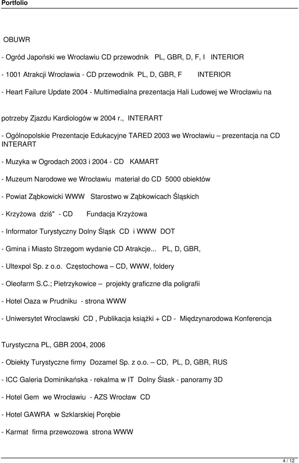 , INTERART Ogólnopolskie Prezentacje Edukacyjne TARED 2003 we Wrocławiu prezentacja na CD INTERART Muzyka w Ogrodach 2003 i 2004 CD KAMART Muzeum Narodowe we Wrocławiu materiał do CD 5000 obiektów