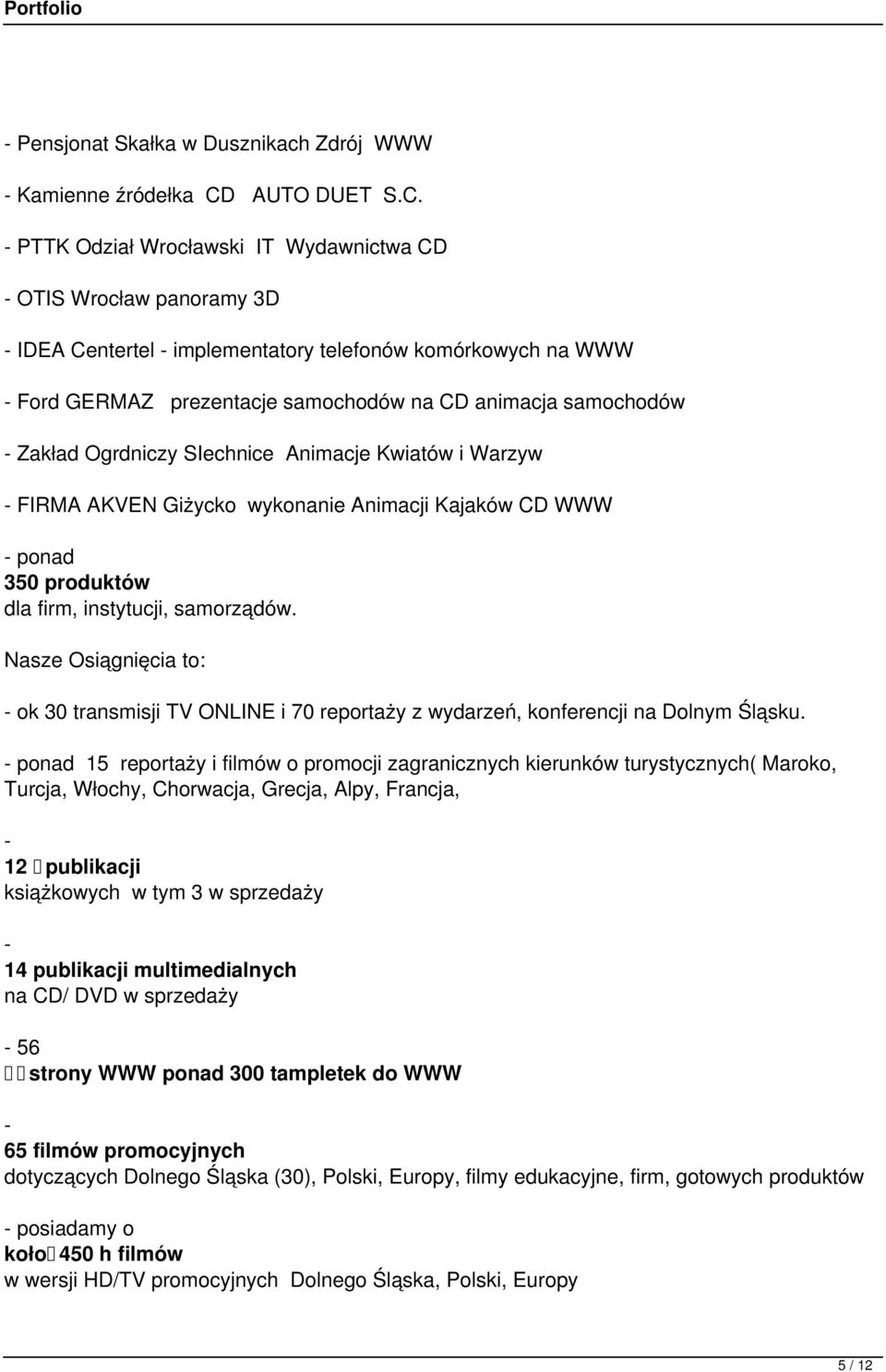 PTTK Odział Wrocławski IT Wydawnictwa CD OTIS Wrocław panoramy 3D IDEA Centertel implementatory telefonów komórkowych na WWW Ford GERMAZ prezentacje samochodów na CD animacja samochodów Zakład