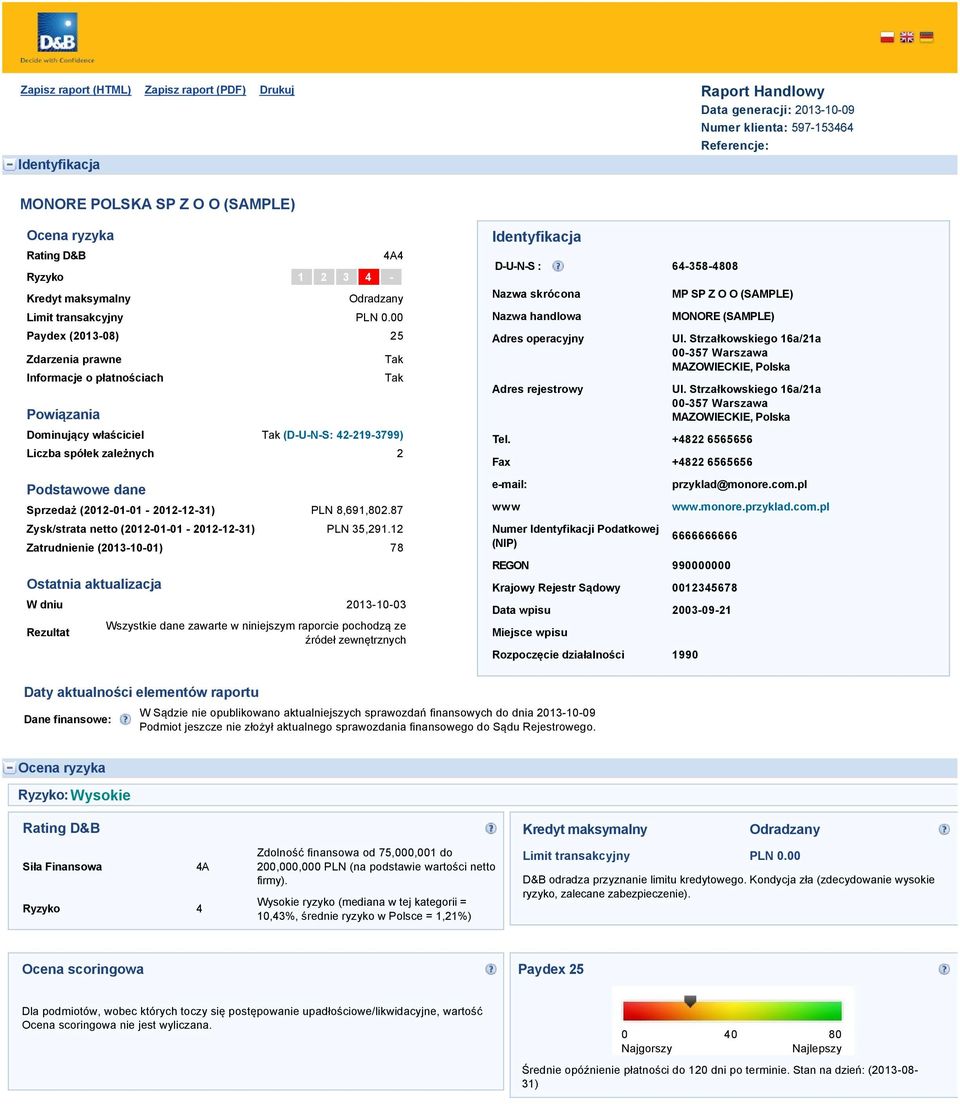 00 Paydex (2013-08) 25 Zdarzenia prawne Informacje o płatnościach Powiązania Dominujący właściciel Tak (D-U-N-S: 42-219-3799) Liczba spółek zależnych 2 Podstawowe dane Sprzedaż (2012 01 01 2012 12