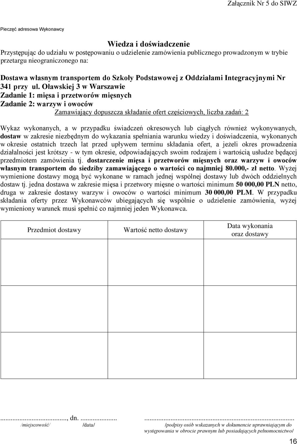 Oławskiej 3 w Warszawie Zadanie 1: mięsa i przetworów mięsnych Zadanie 2: warzyw i owoców Zamawiający dopuszcza składanie ofert częściowych, liczba zadań: 2 Wykaz wykonanych, a w przypadku świadczeń