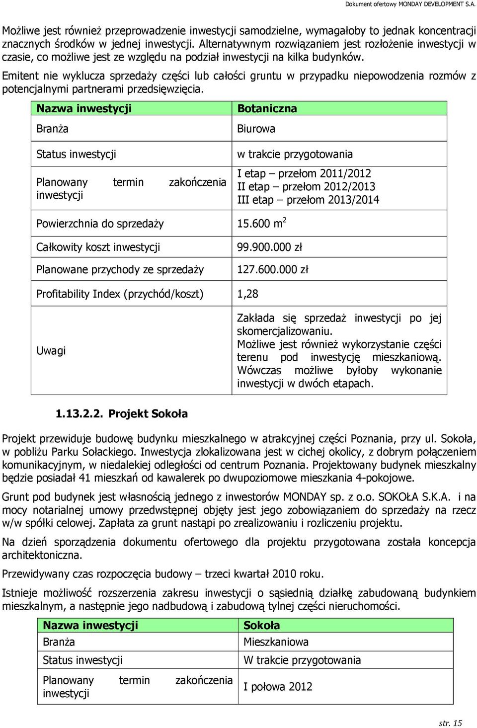 Emitent nie wyklucza sprzedaŝy części lub całości gruntu w przypadku niepowodzenia rozmów z potencjalnymi partnerami przedsięwzięcia.