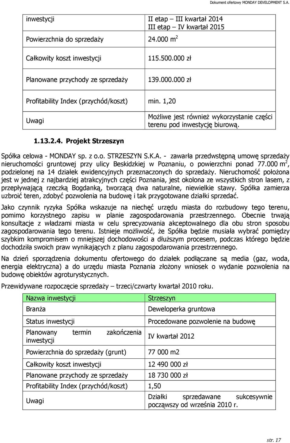 sp. z o.o. STRZESZYN S.K.A. - zawarła przedwstępną umowę sprzedaŝy nieruchomości gruntowej przy ulicy Beskidzkiej w Poznaniu, o powierzchni ponad 77.