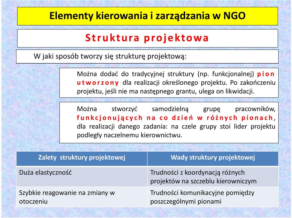 Można stworzyć samodzielną grupę pracowników, f u n k c j o n u j ą c y c h n a c o d z i e ń w r ó ż n y c h p i o n a c h, dla realizacji danego zadania: na czele grupy stoi lider