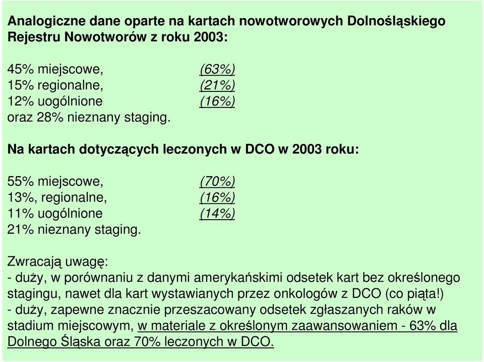 Zwracają uwagę: - duŝy, w porównaniu z danymi amerykańskimi odsetek kart bez określonego stagingu, nawet dla kart wystawianych przez onkologów z DCO (co piąta!