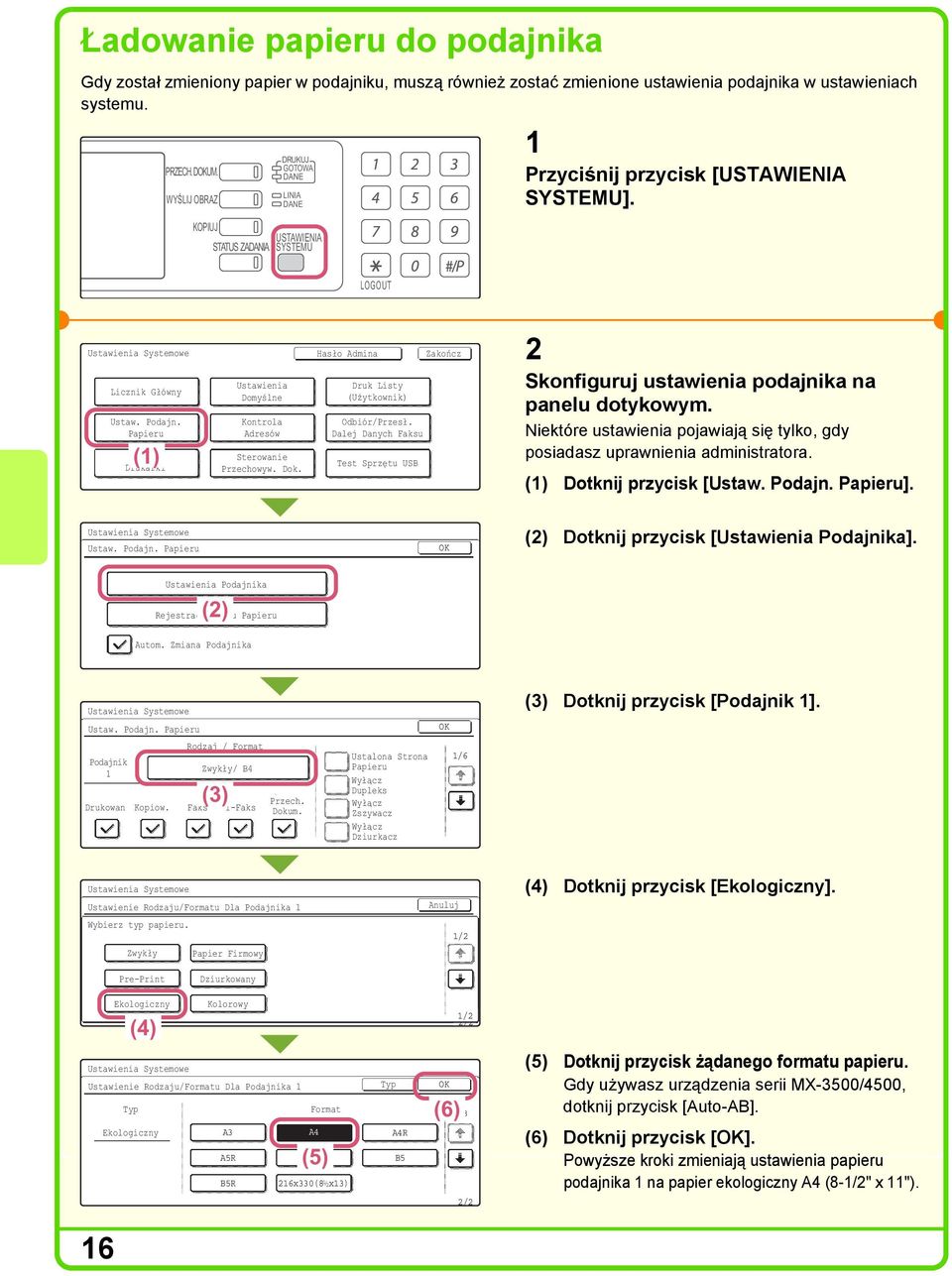 Papieru () Stan Drukarki Ustawienia Domyślne Kontrola Adresów Sterowanie Przechowyw. Dok. Hasło Admina Druk Listy (Użytkownik) Odbiór/Przesł.