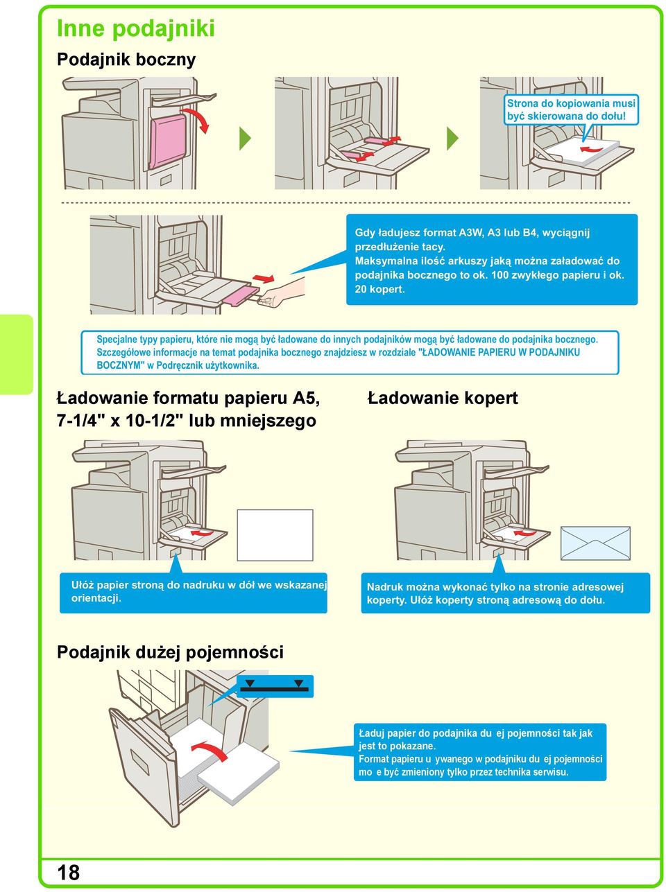 Specjalne typy papieru, które nie mogą być ładowane do innych podajników mogą być ładowane do podajnika bocznego.