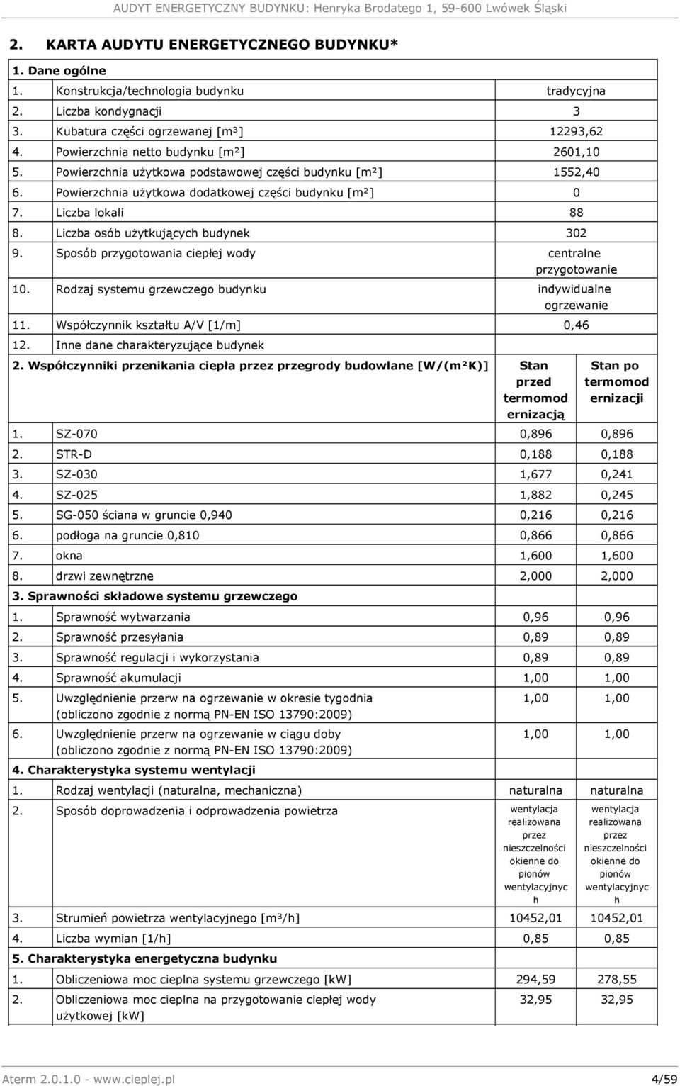 Liczba osób użytkujących budynek 302 9. Sposób przygotowania ciepłej wody centralne przygotowanie 10. Rodzaj systemu grzewczego budynku indywidualne ogrzewanie 11.