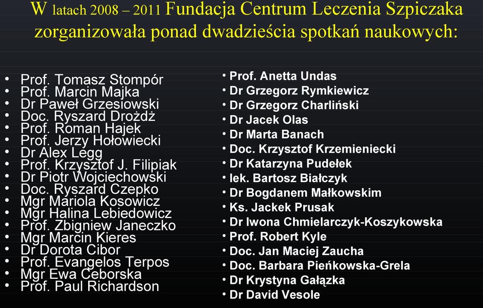 Zbigniew Janeczko Mgr Marcin Kieres Dr Dorota Cibor Prof. Evangelos Terpos Mgr Ewa Ceborska Prof. Paul Richardson Prof.