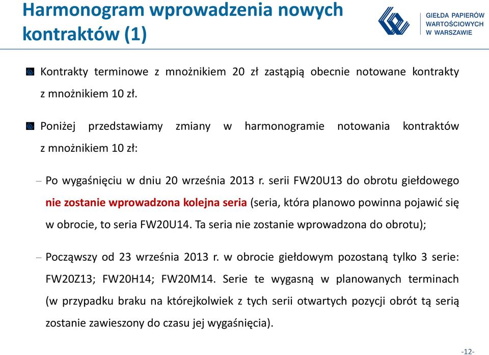 serii FW20U13 do obrotu giełdowego nie zostanie wprowadzona kolejna seria (seria, która planowo powinna pojawić się w obrocie, to seria FW20U14.