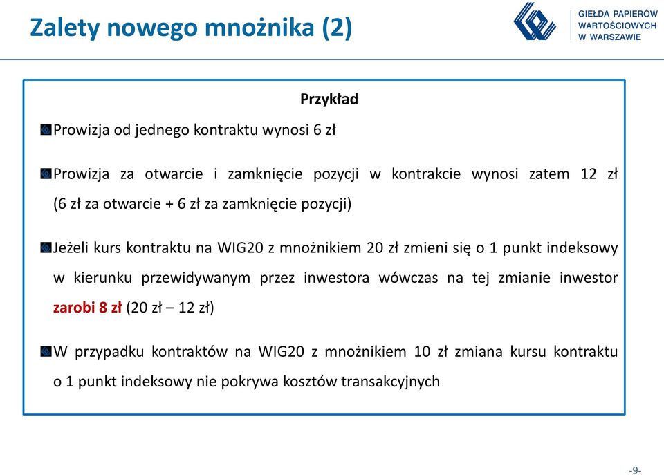 zmieni się o 1 punkt indeksowy w kierunku przewidywanym przez inwestora wówczas na tej zmianie inwestor zarobi 8 zł (20 zł 12