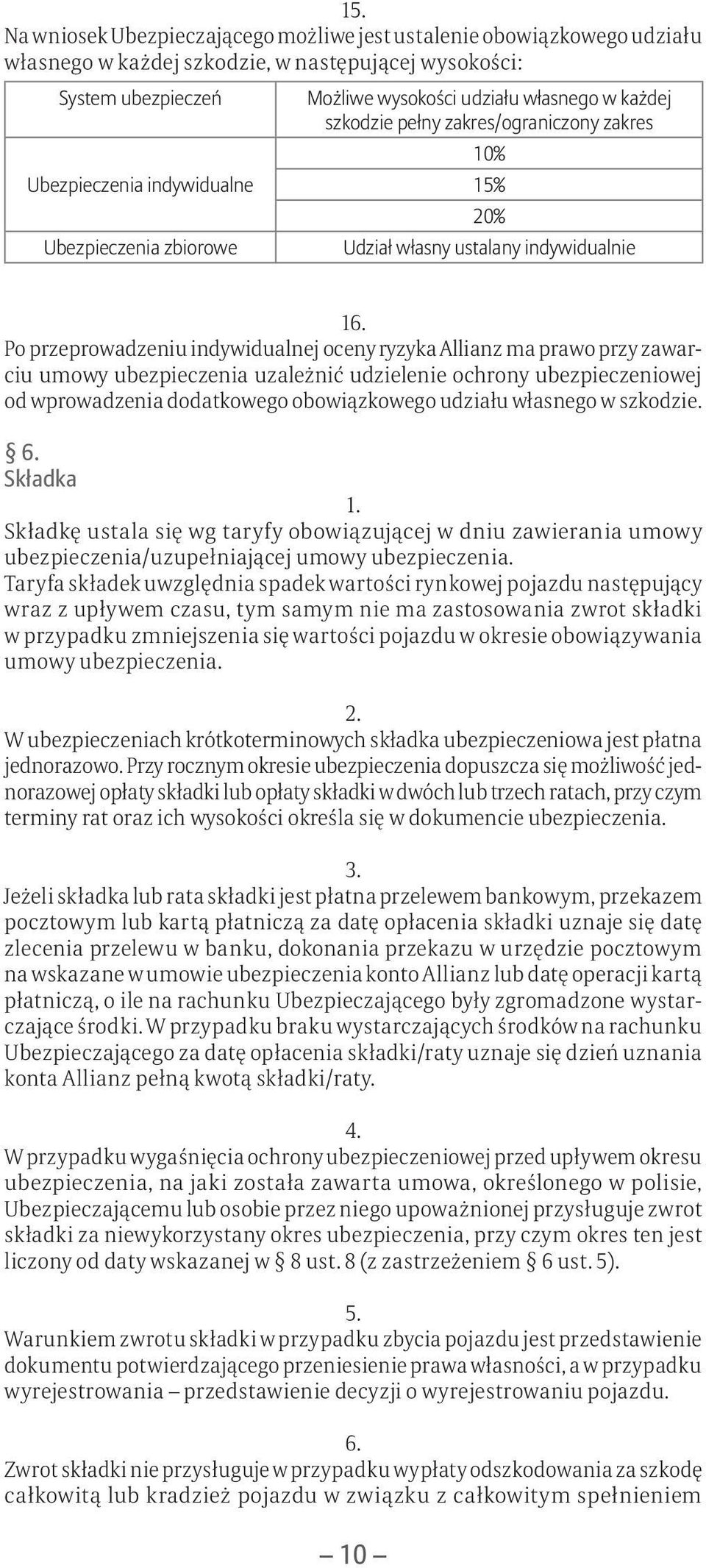 Po przeprowadzeniu indywidualnej oceny ryzyka Allianz ma prawo przy zawarciu umowy ubezpieczenia uzależnić udzielenie ochrony ubezpieczeniowej od wprowadzenia dodatkowego obowiązkowego udziału