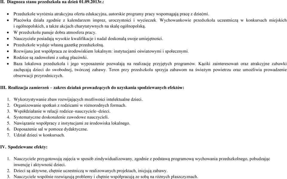 Wychowankowie przedszkola uczestniczą w konkursach miejskich i ogólnopolskich, a także akcjach charytatywnych na skalę ogólnopolską. W przedszkolu panuje dobra atmosfera pracy.