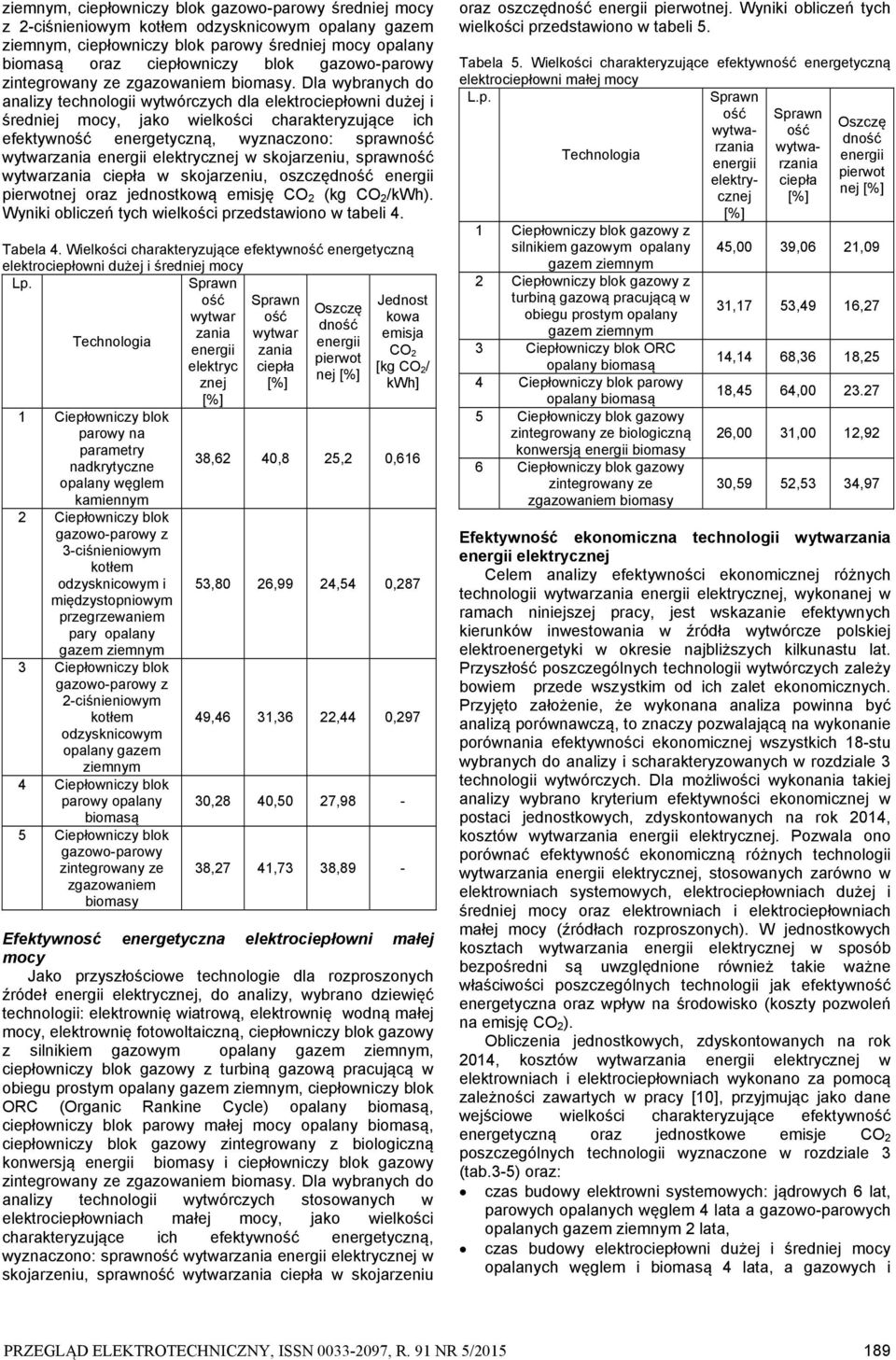 Dla wybranych do analizy technologii wytwórczych dla elektrociepłowni dużej i średniej mocy, jako wielkości charakteryzujące ich efektywność energetyczną, wyznaczono: sprawność wytwarzania energii