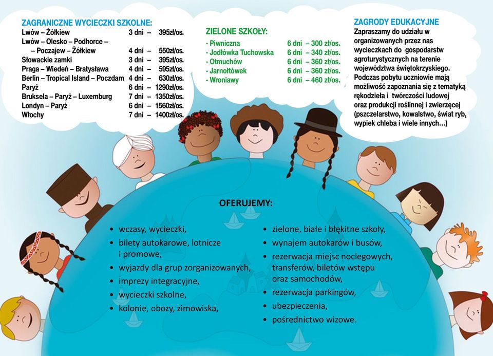 ZIELONE SZKOŁY: - Piwniczna 6 dni 300 zł/os. - Jodłówka Tuchowska 6 dni 340 zł/os. - Otmuchów 6 dni 360 zł/os. - Jarnołtówek 6 dni 360 zł/os. - Wroniawy 6 dni 460 zł/os.