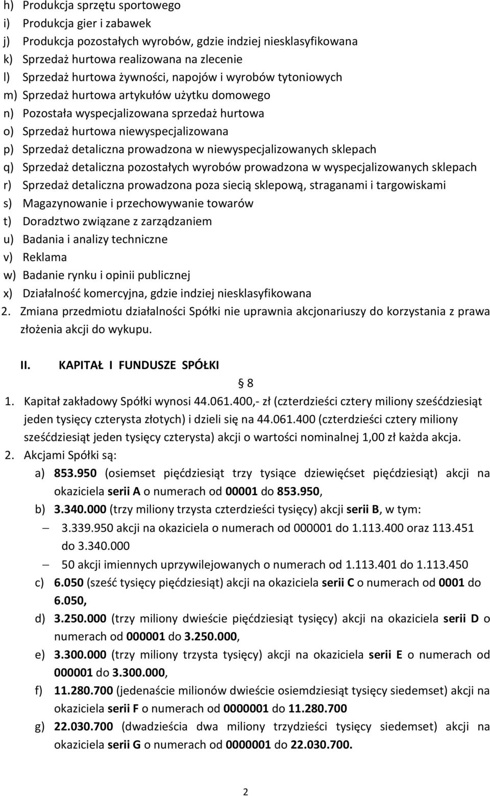 niewyspecjalizowanych sklepach q) Sprzedaż detaliczna pozostałych wyrobów prowadzona w wyspecjalizowanych sklepach r) Sprzedaż detaliczna prowadzona poza siecią sklepową, straganami i targowiskami s)