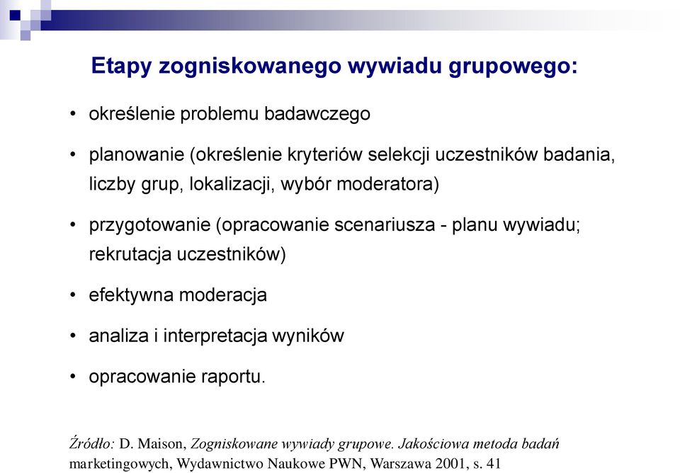 wywiadu; rekrutacja uczestników) efektywna moderacja analiza i interpretacja wyników opracowanie raportu. Źródło: D.