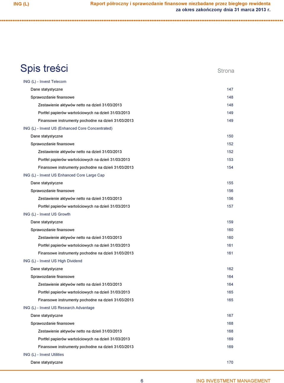 wartościowych na dzień 31/03/2013 153 Finansowe instrumenty pochodne na dzień 31/03/2013 154 Invest US Enhanced Core Large Cap Dane statystyczne 155 Sprawozdanie finansowe 156 Zestawienie aktywów