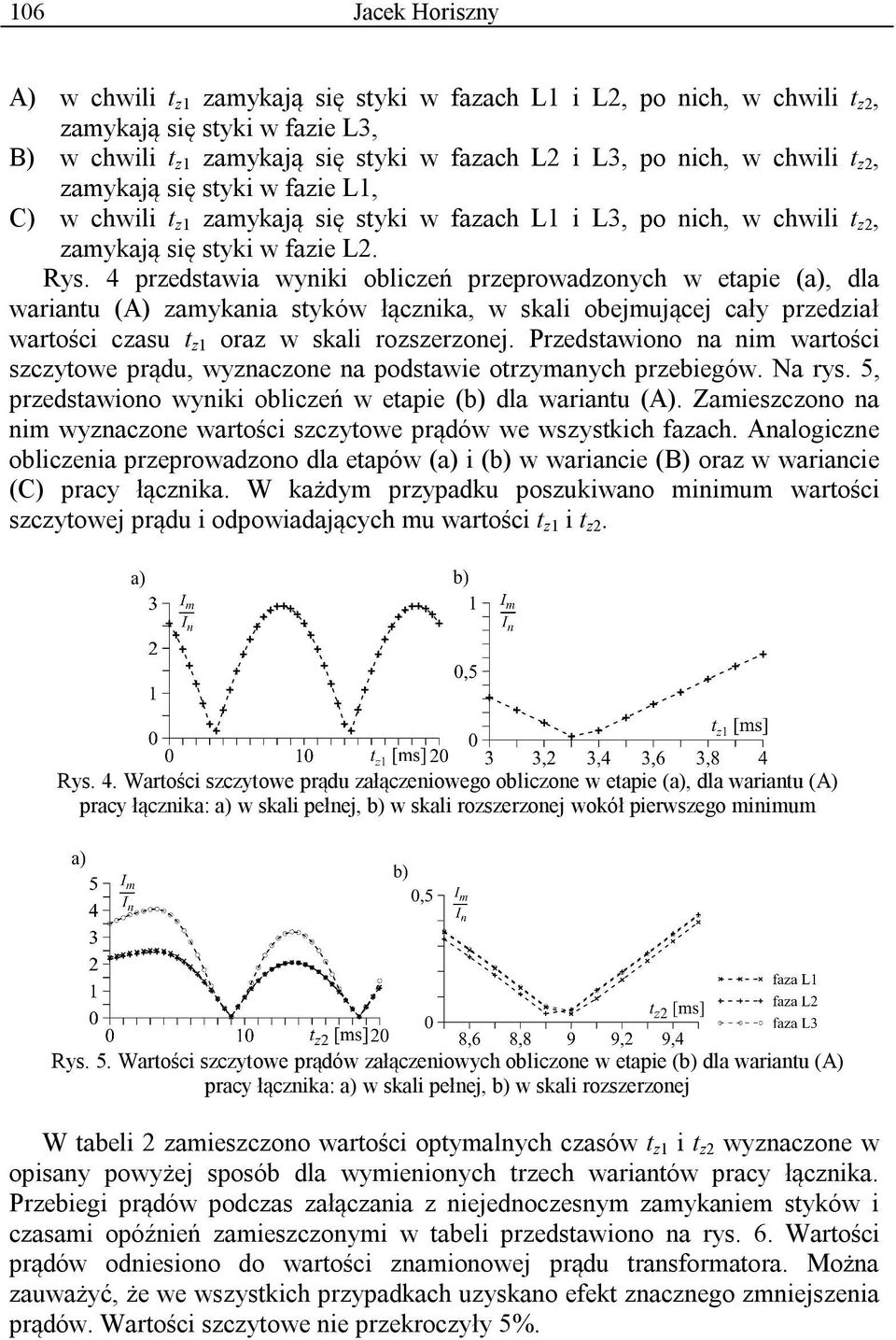 4 przedstawia wyniki obliczeń przeprowadzonych w etapie (a), dla wariantu (A) zamykania styków łącznika, w skali obejmującej cały przedział wartości czasu t z1 oraz w skali rozszerzonej.