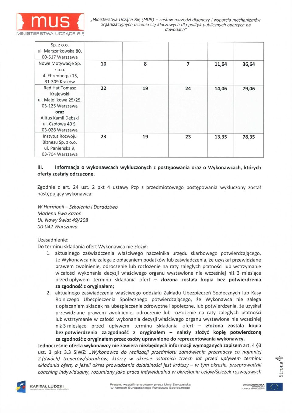 2 pkt 4 ustawy Pzp z przedmiotowego post^powania wykluczony zostat nast^pujqcy wykonawca: W Harmonii - Szkolenia i Doradztwo Marlena Ewa Kazan UI.