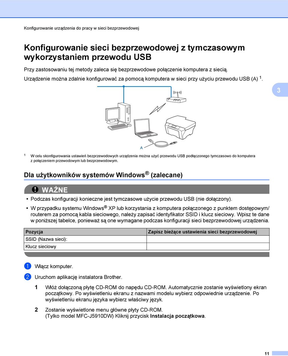 3 A 1 W celu skonfigurowania ustawień bezprzewodowych urządzenia można użyć przewodu USB podłączonego tymczasowo do komputera z połączeniem przewodowym lub bezprzewodowym.