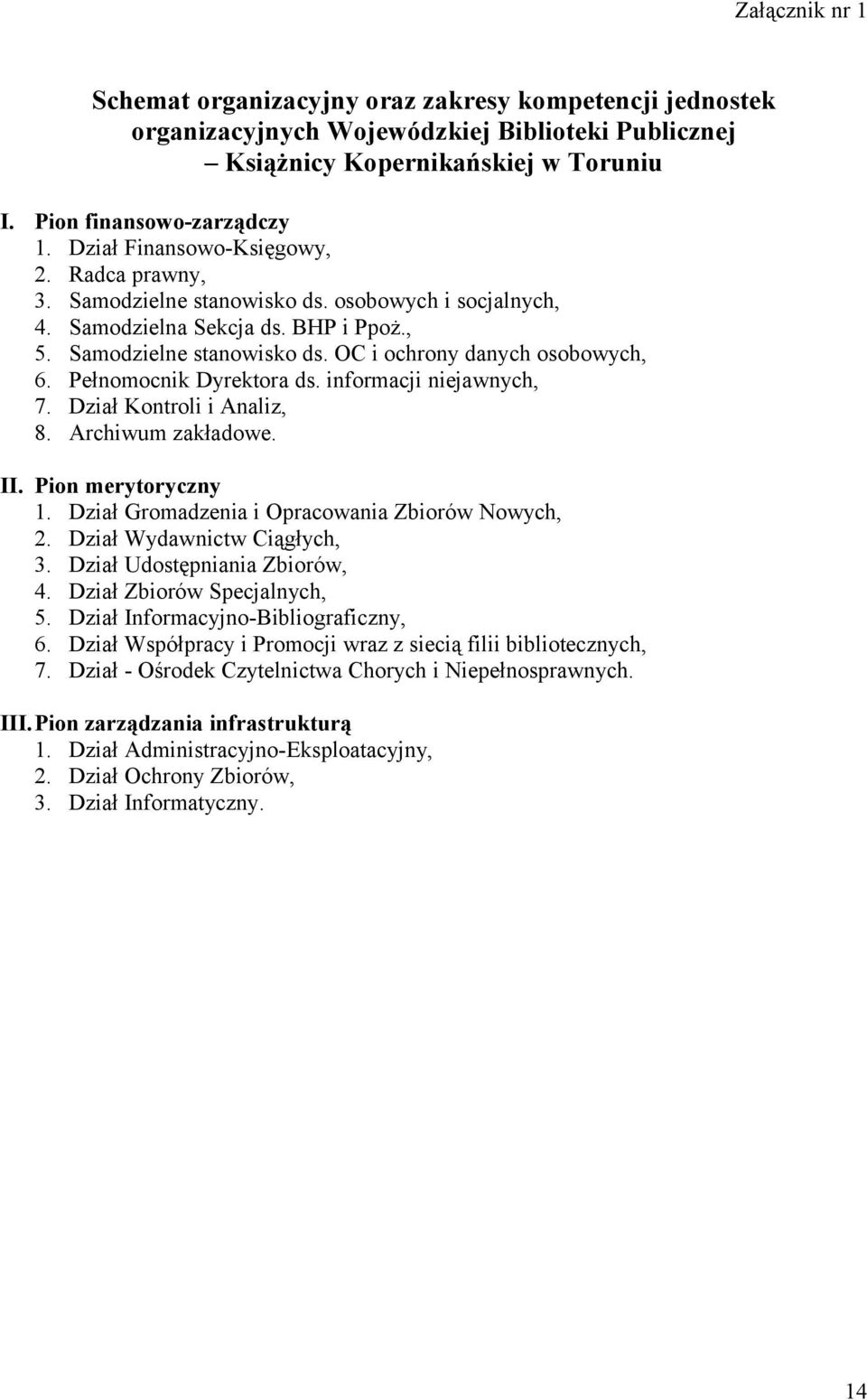 Pełnomocnik Dyrektora ds. informacji niejawnych, 7. Dział Kontroli i Analiz, 8. Archiwum zakładowe. II. Pion merytoryczny 1. Dział Gromadzenia i Opracowania Zbiorów Nowych, 2.