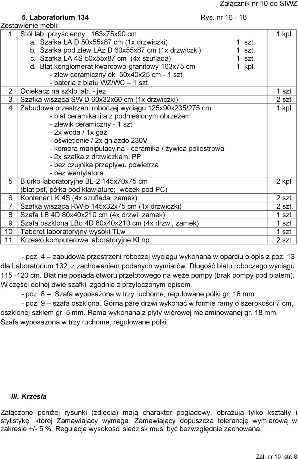 50x40x25 cm - 1 szt. - bateria z blatu WZ/WC 1 szt. 2. Ociekacz na szkło lab. - jeż 1 szt. 3. Szafka wisząca SW D 60x32x60 cm (1x drzwiczki) 2 szt. 4.