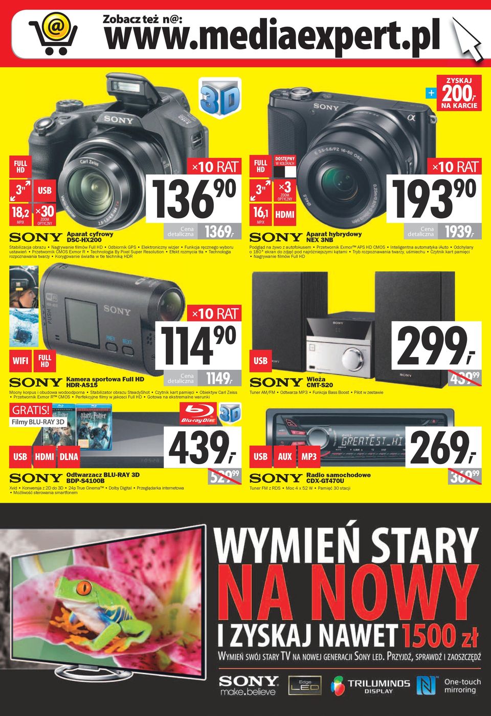 ręcznego wyboru ustawień Przetwornik CMOS Exmor R Technologia By Pixel Super Resolution Efekt rozmycia tła Technologia rozpoznawania twarzy Korygowanie światła w tle techniką HDR FULL HD 3" ZOOM