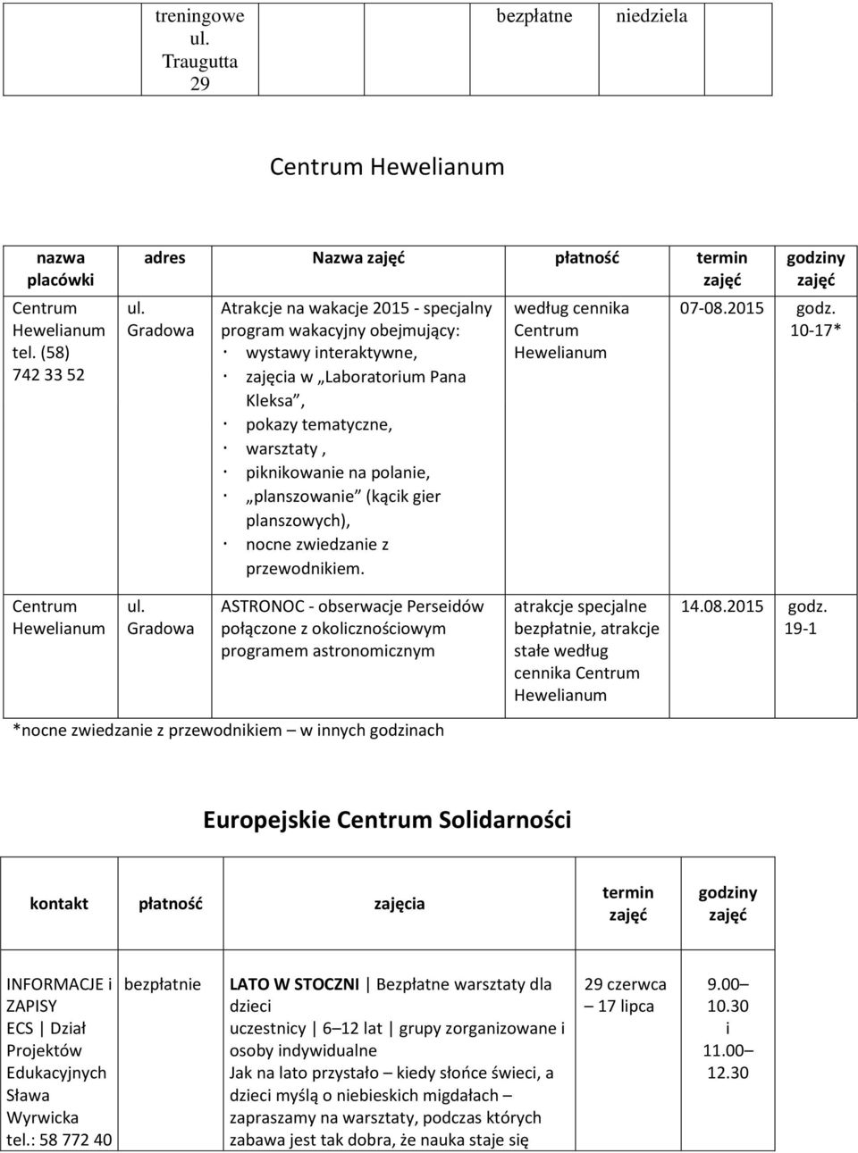 (kącik gier planszowych), nocne zwiedzanie z przewodnikiem. według cennika Centrum Hewelianum godziny zajęć 07-08.20 godz. -17* Centrum Hewelianum ul.