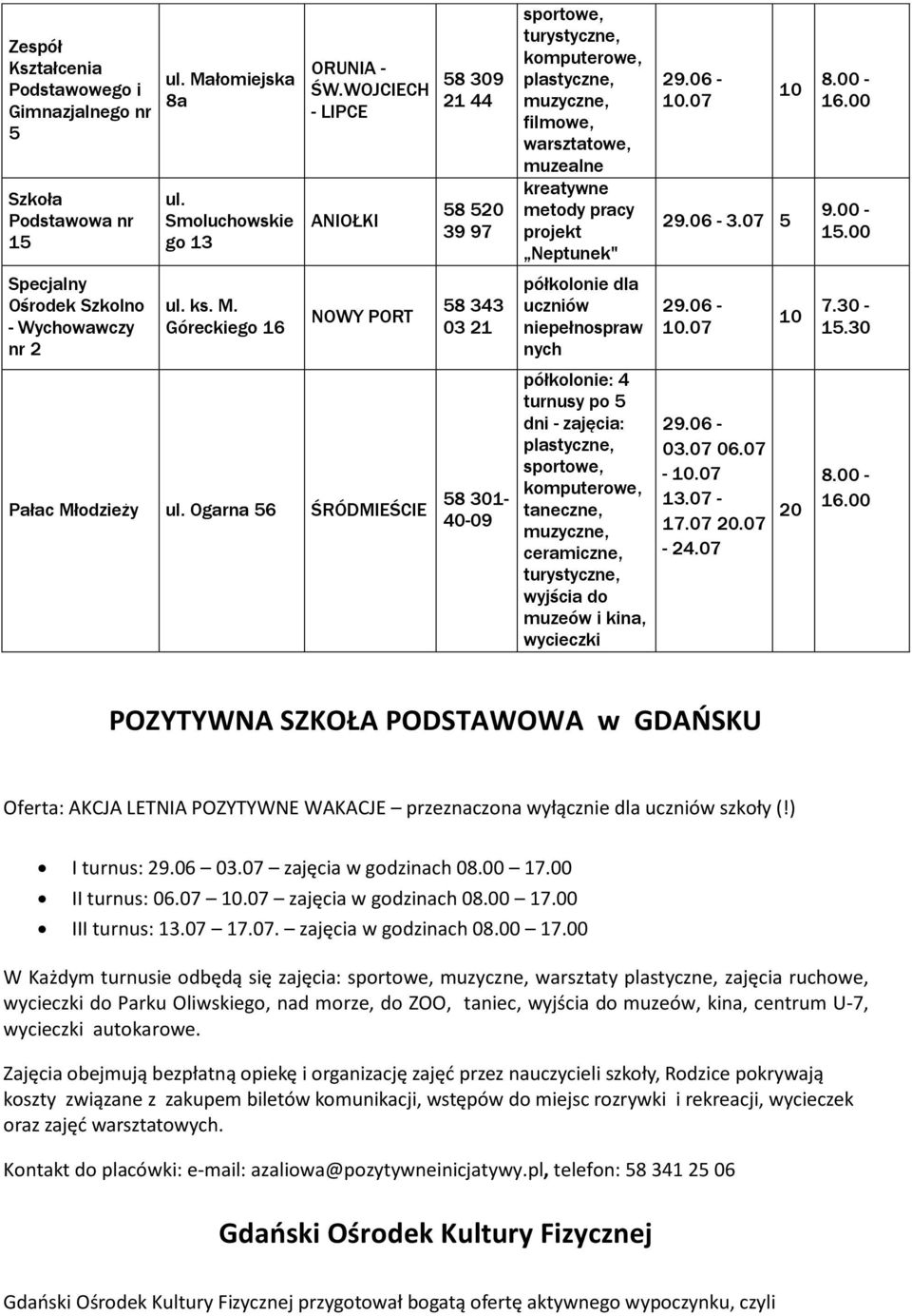 00 - Specjalny Ośrodek Szkolno - Wychowawczy nr 2 ul. ks. M. Góreckiego 16 NOWY PORT 58 343 03 21 półkolonie dla uczniów niepełnospraw nych.07 7.30 -.30 Pałac Młodzieży ul.